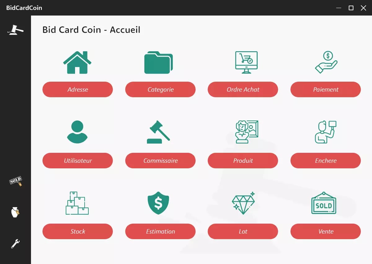 Graphical user interface for Bid Card Coin software with menu options for auctions or sales services in pink and black color scheme.