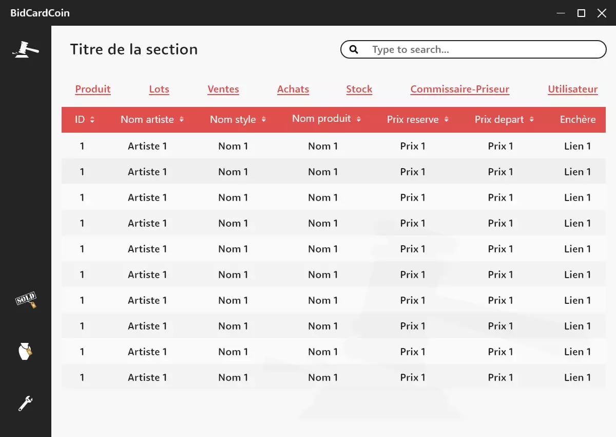 A user interface table displaying information for BidCardCoin website or application, including columns for ID, artist name, style name, product name, reserve price, starting price, and auction link.