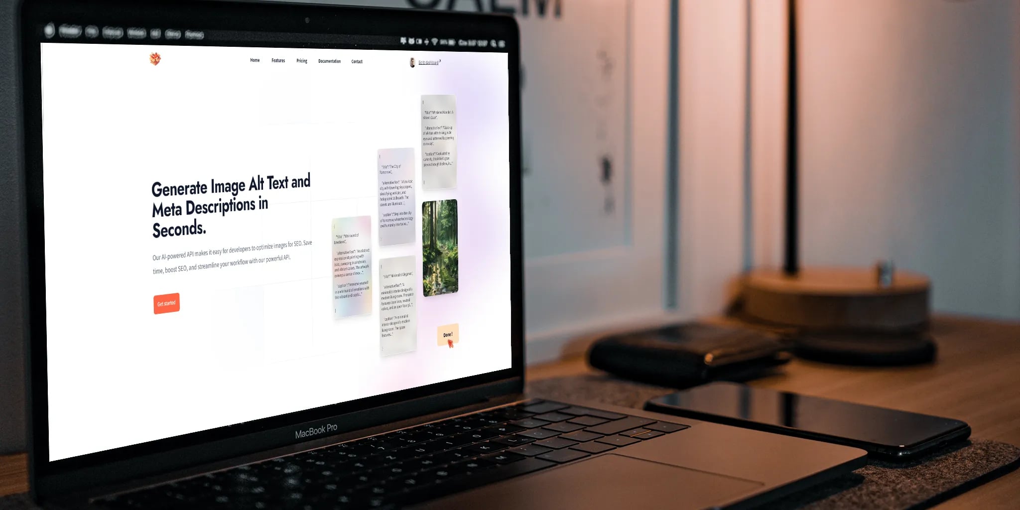 Laptop displaying webpage for generating alt text and meta descriptions, with mobile phone and lamp in workspace setting