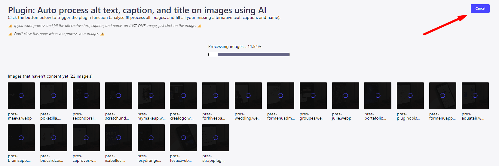 Computer interface showing an image processing plugin in progress with AI generating content for images