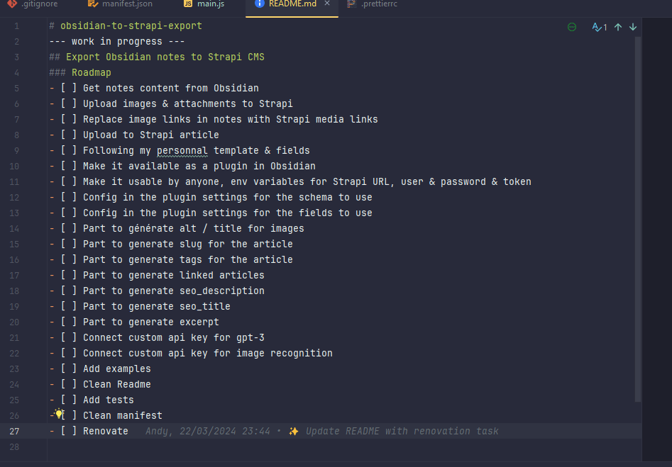 Screenshot of a text editor displaying a Markdown file named README.md with a checklist for a project roadmap related to exporting notes from Obsidian to Strapi CMS.