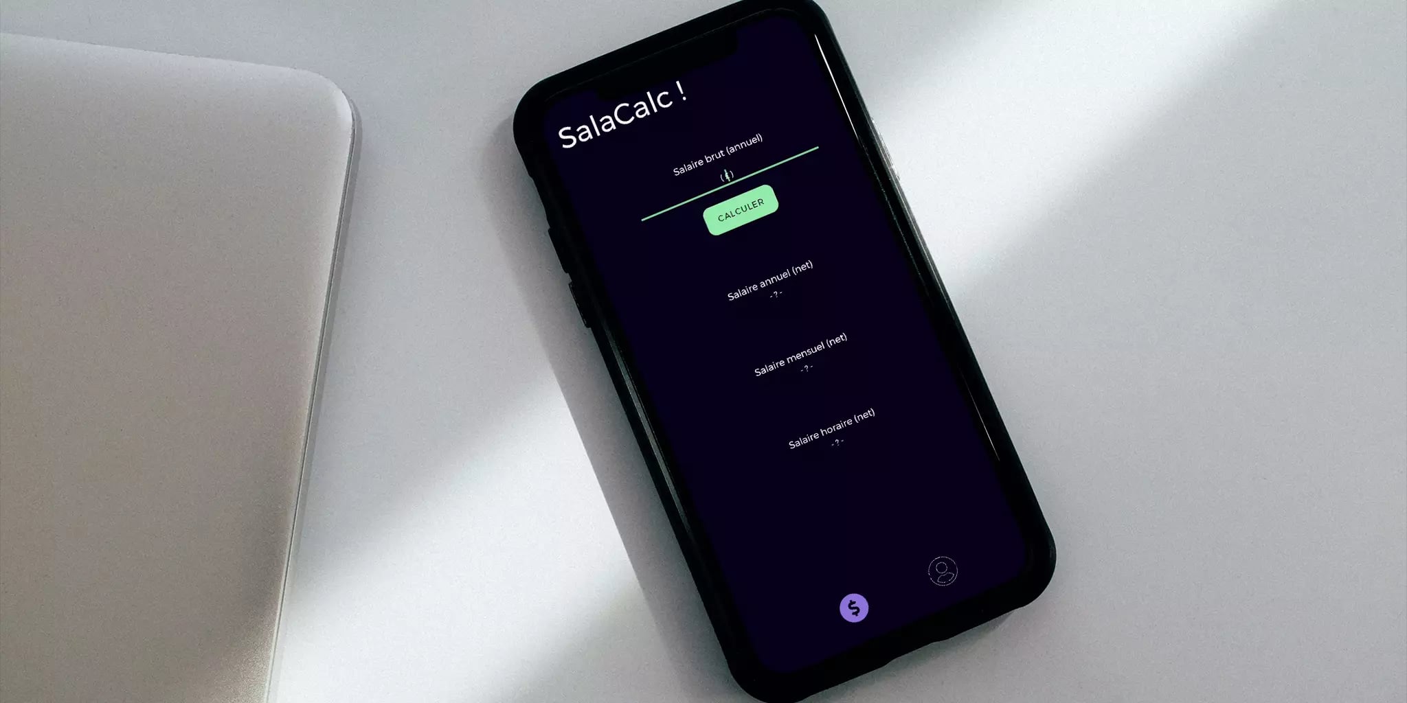 Smartphone displaying a salary calculation app user interface with options to input annual gross salary and calculate net salary values